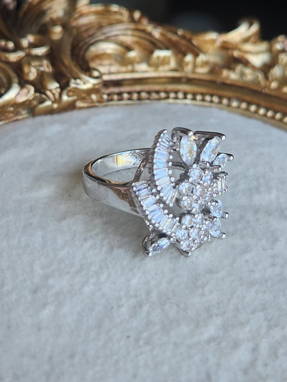 Vintage Sterling Silver 925 Marquise & Baguette Cluster Cocktail Statement Ring - Picture 2 of 9